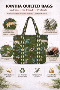 Kantha <b>Quilted</b> Handmade Cotton Tote Bag <b>Summer</b> Autumn Zipper Closure Reusable Shopping Travel Handbag - Product Image 6