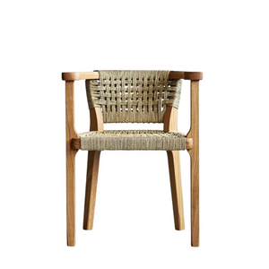 Chaise de salle à manger en corde tressée, cadre en bois massif, accoudoirs, assise en fibre naturelle moderne, meubles artisanaux, design rustique côtier, Japon - Product Image 1