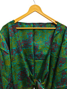 Vestido corto de seda con parte superior de tamaño libre, Top cruzado de tela Sari vintage, Top bohemio con estampado floral - Product Image 2