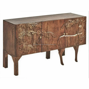 Gabinete de buffet antiguo Gabinete de madera vintage tallado a mano hecho de madera maciza con color natural. - Product Image 5