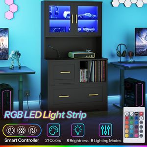 ตู้เก็บเอกสารด้านข้างสีดำทันสมัยพร้อมฮัทช์, ตู้เก็บของโฮมออฟฟิศพร้อมไฟ LED สีฟ้า, ตู้เก็บเอกสารสำนักงานแบบประตูกระจก - Product Image 6