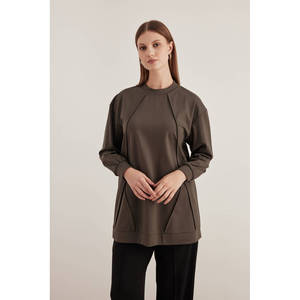 Khaki Ribbed Detail Blouse-Ladies Formal Knit <b>Top</b> Bow Collar Vintage Style - Product Image 1