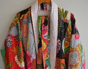 Fruit Patch <b>Print</b> Kantha Jacket Front Open Jacket <b>Japanese</b> Kimono Style Beach Wear Bohemian Kantha Robe Winter Jacket Boho Coat - Product Image 2