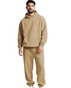 Ensemble survêtement en molleton beige camel pour homme, sweat-shirt à capuche décontracté d'hiver, pantalon de survêtement, streetwear pour homme - Product Image 1