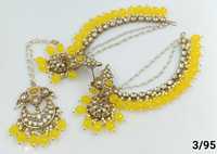 Parure de boucles d'oreilles chandelier et mangtiika indiennes traditionnelles, plaquées or, en alliage, avec perles d'imitation et zircon, motif floral, style Mehendi