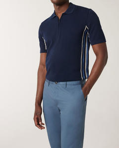 เสื้อโปโลสีน้ำเงินเข้มของผู้ชายแบบปรับแต่งได้เสื้อ100% ผ้าฝ้ายสลิมฟิตมีซิปแบบผ่าข้างดีไซน์สีทึบมีลาย - Product Image 1