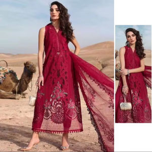 Venta al por mayor de trajes de algodón para mujeres paquistaníes Salwar Kameez Collection Lawn con organza y cuadros Munga con bordado en dupatta - Product Image 1