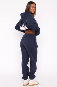 Conjunto de Sudadera con Capucha Larga Bordada de 2 Piezas para Mujer, Diseño Sólido con Estampado de Amor Siempre, Color Azul Marino - Product Image 3