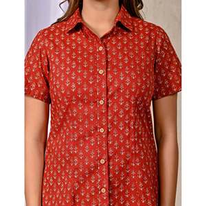 Red Poplin Cotton Printed <b>Half</b> Sleeves <b>Shirt</b> for Women Stand Collar Embroidered Decoration Viscose Rayon XS XL Long for Autumn - Product Image 2