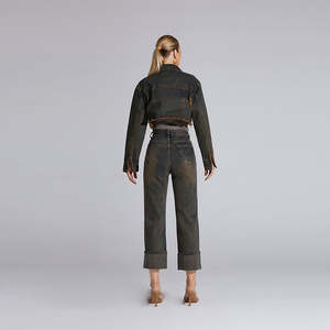 เสื้อและกางเกงผ้ายีนส์ทางการของผู้หญิงชุดสองชิ้นผ้าเดนิมสีเข้มฟอกระบายอากาศได้ดีสำหรับฤดูร้อน - Product Image 2