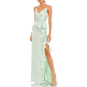 Abito da sera lungo a tromba in raso pistacchio Mac Duggal IEENA con balze e vita naturale, taglia 4 - Product Image 4