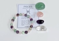 Kit de Cristales del Zodíaco Piscis Premium al por Mayor con Pulsera de 8mm, 4 Piedras Pulidas y Tarjeta, Cristales Curativos para Yoga y Meditación