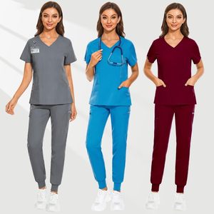ป้ายโลโก้ที่กําหนดเองชุดขัดรอบคอชุดพยาบาลเครื่องแบบผ่าตัดยืดพยาบาลขัดเครื่องแบบผู้หญิงกางเกง Jogger ชุด - Product Image 1