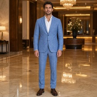 Costume homme en chambray bleu clair, non structuré, simple boutonnage, poches plaquées, costumes d'affaires d'été pour homme, sur mesure MTM