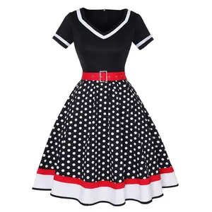 Vestido Retro Vintage con estampado de lunares Rockabilly 4XL Ropa de mujer gorda Cinturón con cuello en V A-Lined Pin Up 50s Midi Dress