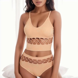 Plus Size Solid Color Sports Style Bralette And <b>Panty</b> Set Camisole Hollow Out Underwear Suit Small Chest Gathered Thin Ring Bra - Product Image 5