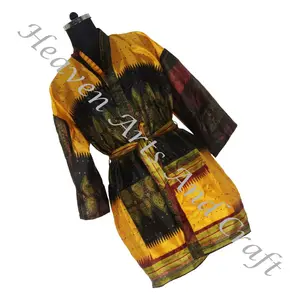 KS006 indah Vintage murni sutra Sari Vintage Kimono jubah pendek dengan saku ganda jubah malam wanita musim panas Vintage Sari Kimono