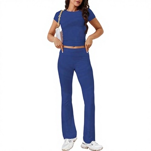 Custom Yoga Set for Women Summer <b>Fold</b> <b>Over</b> Flared Pants T Shirts Legging Set Two Piece Women's Sets 2026 OEM Services - Product Image 1