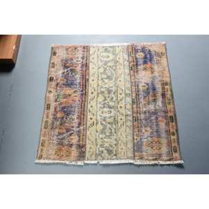 Alfombra de lana turca Vintage de 2,6x2,5 pies, azul y Beige, clásica, área grande, rectángulo, patrón abstracto, patrón de pasillo, Alfombra de habitación de látex - Product Image 1