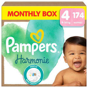 Pañales Pampers Talla 4 (9-14 kg) Harmonie, Caja Mensual, Protección Suave para la Piel e Ingredientes de Origen Vegetal, Paquete de 174 - Product Image 1