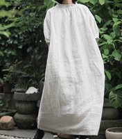 Robe tunique en lin de créateur pour femmes blanc Midi col bateau grande taille mode d'été motif solide teint uni en gros naturel