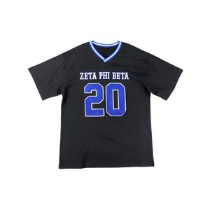 Camiseta de fútbol de chenilla de gran tamaño Zeta Phi Beta, camiseta negra 100% de poliéster con logotipos bordados, cuello en V, Mangas de doble rayas - Product Image 3