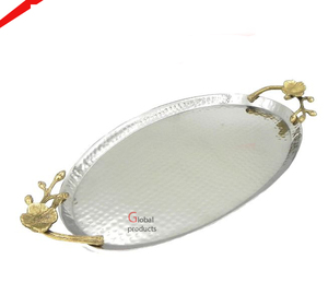 Plateau de service en acier inoxydable en métal finition argentée avec motif oiseau doré pour restaurant et bar d'hôtel - Product Image 3