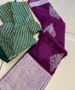 Sari de Seda con Broches y Blusa Cosida para Mujer, Elegante Traje Tradicional Indio para Fiestas - Product Image 4