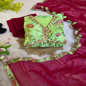 Robe chinon imprimée multicolore avec manches longues en Dupatta et pantalon longueur cheville avec détails fantaisie - Product Image 3