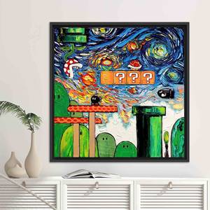 Van Gogh Starry Sky Mario World Art Print: Gamer Room Decor <b>Canvas</b>,BLACK <b>FRAMED</b> <b>CANVAS</b> - Product Image 1