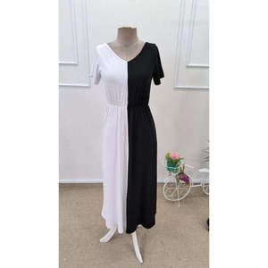 Vestido Midi de Viscosa Bicolor con Cuello en V y Manga Corta para Mujer de Jane's - Elegante, Corte en A, Informal para Uso Diario - Product Image 4