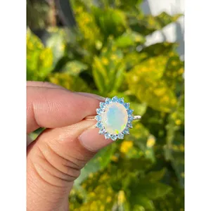 925 <b>Silver</b> Natural Opal & Blue Topaz <b>Statement</b> <b>Ring</b> with Oval Cut Gemstone Geometric Pattern IGI Certified Everyday Wear - Product Image 1