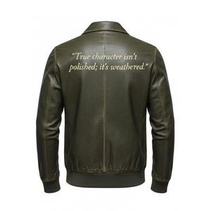 Veste bomber unisexe en cuir véritable vert olive, col rabattu, peau de vache lisse, devant en toile, finition vieillie personnalisée, décontractée - Product Image 2