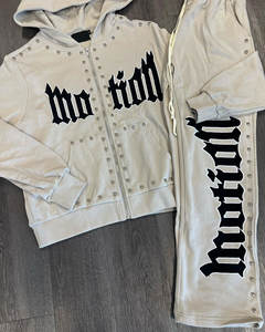 OEM Men's Winter Fashion Acid Wash Print Zip-Up Embroidered Breathable 100% Cotton Fleece Hoodie Sweatpants Set Distressed Patch - Product Image 3