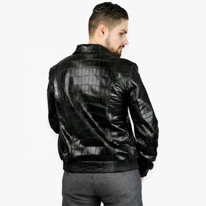 Chaqueta de Cuero, Nueva, con Grabado de Cocodrilo, Negra, de Cuero Vacuno Genuino, Estilo Bomber - Product Image 4