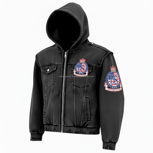 Sudadera con cremallera negra Premium 420 GSM forro polar pesado diseño tachonado cálido y duradero con parche bordado logotipo personalizado sudadera básica - Product Image 4