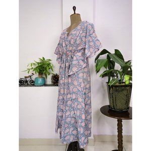 Vestido Kaftán de Algodón Puro, Estampado Floral Indio, para Playa, Cómodo, para Maternidad, Color Gris Acero, Estampado Floral de Jardín - Product Image 5