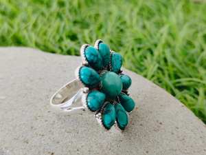 Forme de fleur Turquoise Gemstone Boho Bague en argent sterling 925-Bague Turquoise artificielle-Bague Bohème-Bague Turquoise-Bagues - Product Image 5