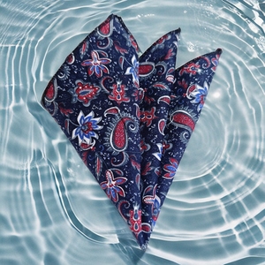 <b>White</b> and Burgundy Floral Print <b>Pocket</b> <b>Square</b> on Navy Blue - Product Image 2