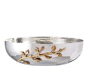 Bol à plateau martelé moderne en acier inoxydable de fantaisie avec tige décorative en laiton brillant polonais servant un bol de service de fruits de qualité supérieure bon marché - Product Image 1