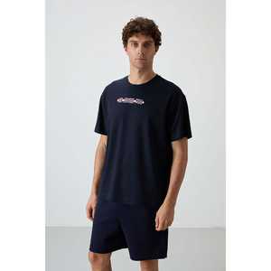 Camiseta Azul Marino 100% Algodón para Hombre, Corte Holgado con Textura Gruesa y Tela Jersey Estampada-88365 - Product Image 3