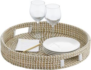 Plateau rond personnalisable en jonc de mer Panier de service de cuisine polyvalent pour la décoration de la maison et le service des aliments - Product Image 1