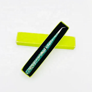 Private Label Bulk <b>Top</b> Selling Hand-Tested Solid Stainless Steel Eyelash Tweezers <b>Green</b> <b>Glitter</b> Slim 45 Degree Angle Pointed - Product Image 3