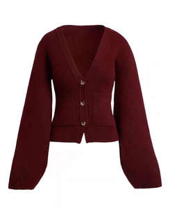 Nouveau cardigan en tricot à col en V, taille haute, couleur unie, décontracté pour l'hiver 2026, 100% coton, boutons recouverts - Product Image 6