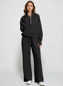 Ensemble deux pièces pour femmes d'hiver, sweat-shirt à col montant anti-boulochage à manches longues et pantalon large, style streetwear - Product Image 4