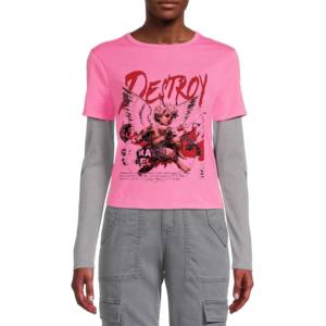 Camiseta personalizada de dos colores con cuello en V y doble capa para mujer, camiseta transpirable de manga larga con caja ancha en blanco para niñas - Product Image 1