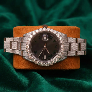 Montre de luxe en acier inoxydable avec diamants en moissanite, bracelet en acier inoxydable, cadran marron, affichage de la date, montre-bracelet unisexe, vente en gros - Product Image 1