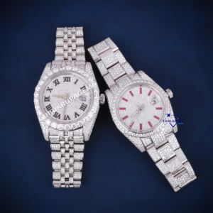 Reloj de pareja de acero inoxidable con diamantes de moissanita de Hip Hop completamente helado de alta calidad, relojes de prueba de diamantes de 100% pasos - Product Image 1