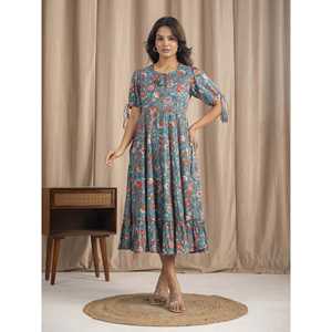 Vestido de Algodón Mulmul Azul Marino con Estampado a Mano, Estilo Boho-Elegante, Casual, Cintura Natural, Transpirable, Diseño Sostenible, ODM - Product Image 3