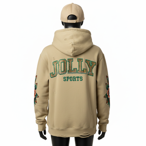 Sudadera con capucha de forro polar de 320 g/m² para mujer, cómoda mezcla de algodón, beige, con bordado floral en las mangas, logotipo personalizado, sudaderas básicas para mujer - Product Image 2